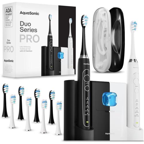Aquasonic Duo Series PRO UV - ADA Accepted Electric Toothbrushes with UV Sanitizer - Inductive Charging Base - 5 Modes with Smart Timers - 10 Proflex Brush Heads & 2 Travel Cases
