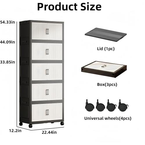 Color- black, Foldable Storage Cabinet with Doors and Wheels, 4 Tier Stackable Organizer, Freestanding Pantry Cabinet for Kitchen, Snacks, Toys, Bedroom, Home Office