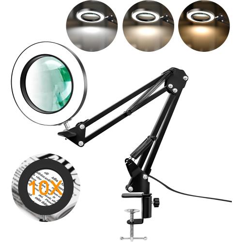 10X Magnifier Desk Lamp, 2-in-1 LED Magnifying Glass with Light and Clamp, Hands-Free Lighted Magnifier with 3 Color Modes for Craft Hobby Nail Repair Reading Close Works (Black, Clamp)