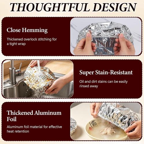 50 Reusable Aluminum Foil Food Covers, Home Dining Table & Food Container Aluminum Foil Heat-Retaining Cover, Universal Reusable Thermal Cover For Foods, Elastic Edges For Bowls & Plates（2box)