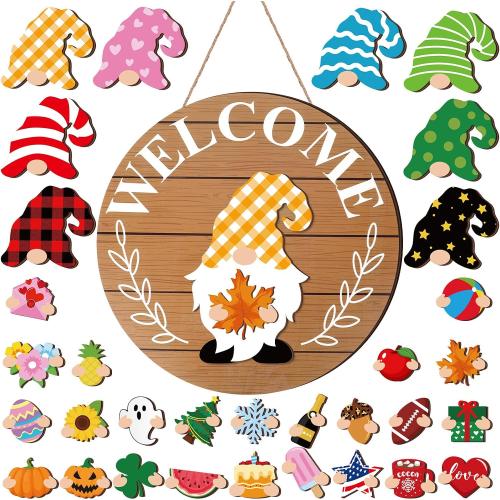 Qunclay 30 Pcs Seasonal Interchangeable Wooden Gnome Decor,Simple,Brown