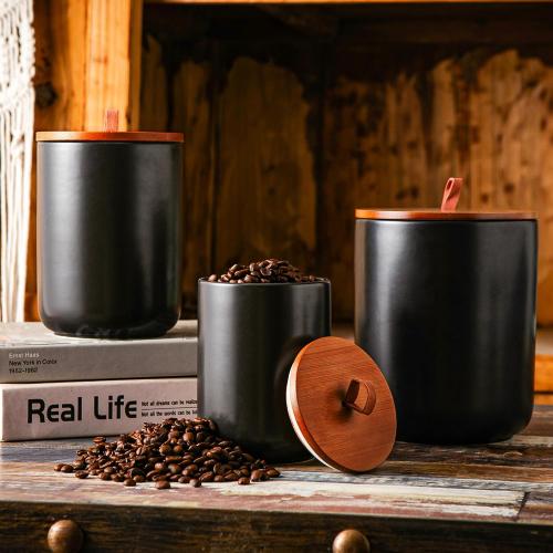JOJUNO Black Ceramic Canister 3 Piece with Airtight Bamboo Lid