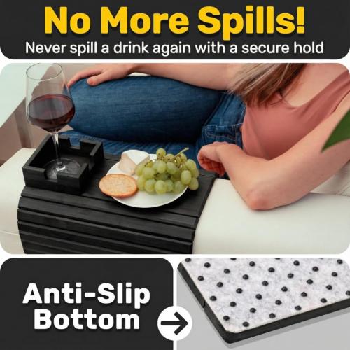 Bamboo Couch Cup Holder, Foldable Couch Armrest Table, Non-Slip Couch & Sofa Arm Tray for Drinks & Snacks (Black)