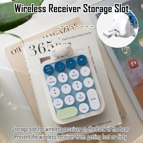 Lomiluskr Wireless Number Keypad with Cute Silicone Bear, 18 Colorful Round Keys Numpad, 2.4G USB Wireless Connection, Portable Financial Accounting Numeric Keyboard, Suitable for PC, Laptop (Blue)