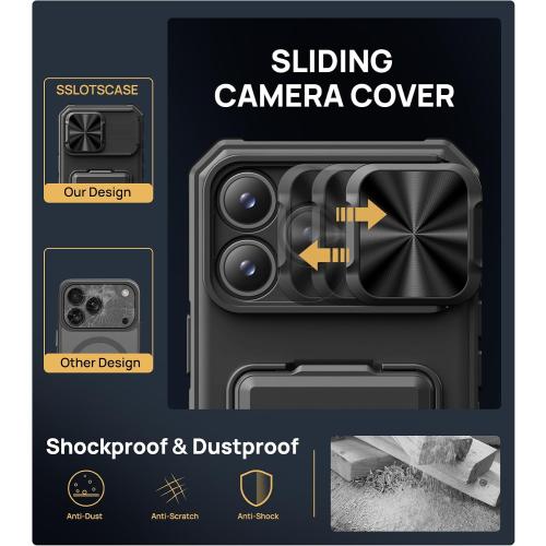 SSLOTSCASE for iPhone 17 Pro Max Case with Card Holder & Kickstand & Slide Camera Lens Cover & Camera Stand & Wallet, Military-Grade Heavy Duty Phone Case Cover for iPhone 17 Pro Max 5G 2025, Black