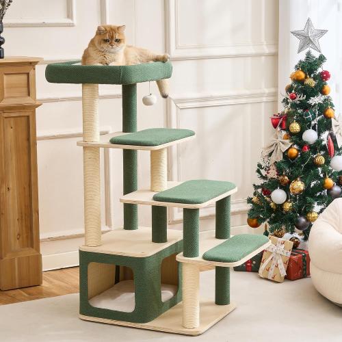 Modern Wood Cat Tree Tower for Large Cats - 43.5 Indoor Wooden Cat Condo with Sisal Scratching Posts, Washable Cushions, Large Top Perch & Easy Climb Steps for Elderly/Short-Legged Cats Multi-Cat Use