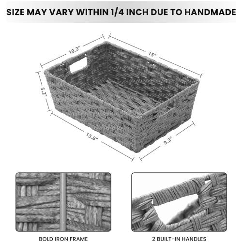 Onlytak Large Wicker Storage Basket, Metal Frame, Set of 2, Washable Waterproof, 15 x 10.3 x 5.2, Grey Color, Woven Basket for Pantry, Toilet, Bathroom, Bedroom, Patio