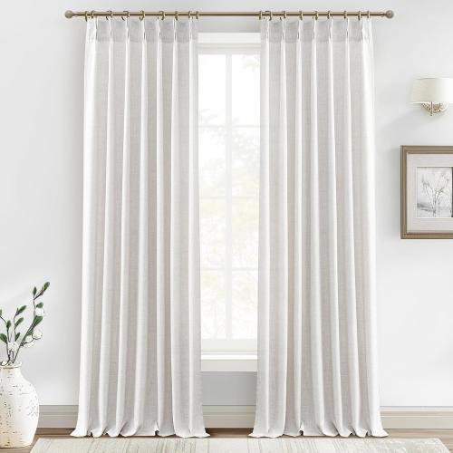 102 Inch Long Curtains for Living/Dining Room, Elegant Pinch Pleated Linen Curtain 102 inches Light Filter Privacy That Let Light in Cortinas para Sala Modernas 2 Panels Set Beige White