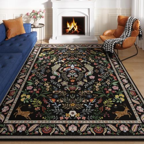 Rugcomf Area Rug 6x9 for Living Room Floral Washable, Vibrant Black