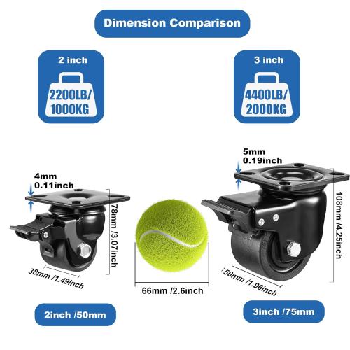 W B D WEIBIDA 2-inch Plate Swivel Caster Wheels Set of 4 Heavy Duty, Load Capacity 2200lbs, Low Gravity Center Black Extra Width Caster with Brake, Durable & Quiet & Sturdy Nylon Wheels for Industrial