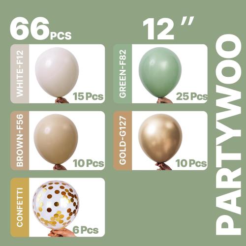 PartyWoo Sage Green Balloons 66pcs 12 Inch Gold White Brown Gold Balloons