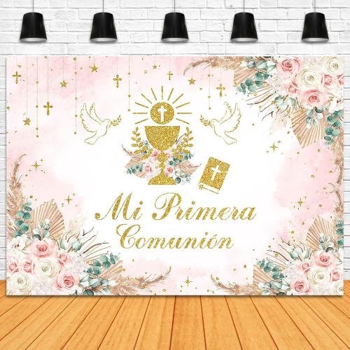 Boho God Bless Baptism Backdrop 7x5ft Pink Mi Primera Comunion Background
