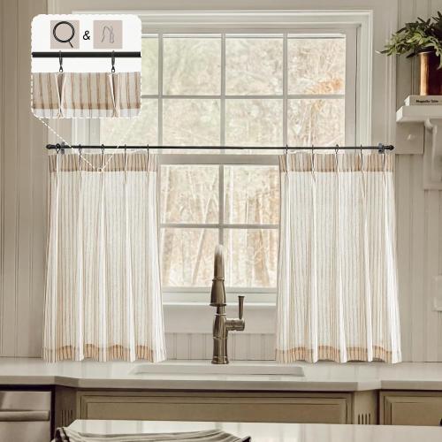 LIMON HOME Kitchen Curtains for Small Window,Cafe Curtains 24 Inch Length,Boho Striped Kitchen Pinch Pleat Curtain with Hooks Rings for Half Windows Semi Sheer Light Filtering Curtains Tan on Nature