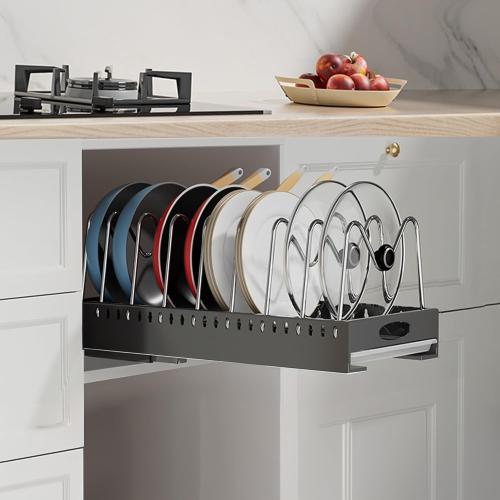 Bealy Under Cabinet Pot and Pan Organizer - Adjustable Dividers, Slide Out Pot Lid Holder for Kitchen Cabinet Storage