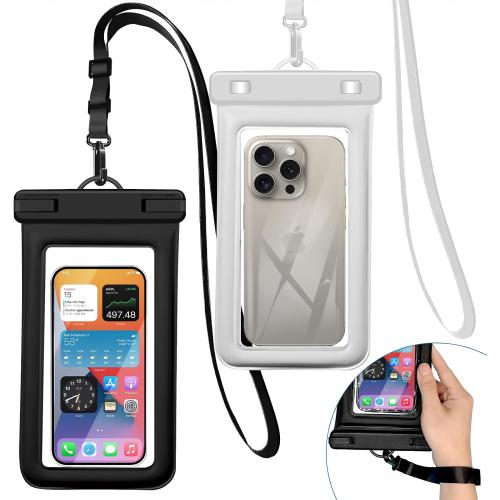 IPX8 Floating Waterproof Phone Pouch 2-Pack,7.2 Inch Waterproof Dry Bag16/15/14 Pro Max Galaxy S24/S23 Adjustable Lanyard   Wrist Strap Beach Swimming Travel Essentials Black White