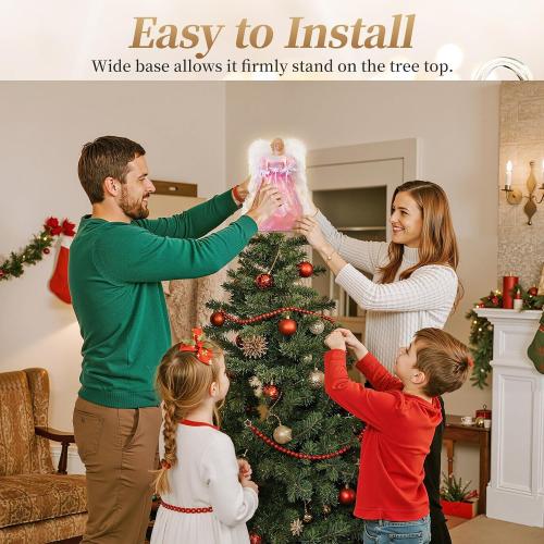 Lewondr Christmas Tree Topper Angel, 12'' Light Up Angel Tree Topper with Wings and Candle Light, 8 Modes and 6 Hrs Timer USB and Remote Operated Christmas Decor for Holiday Home Decor, Pink