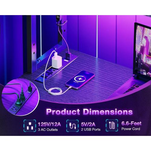ODK 53 L Shaped Gaming Desk with Shelves, LED & Outlets, Black
