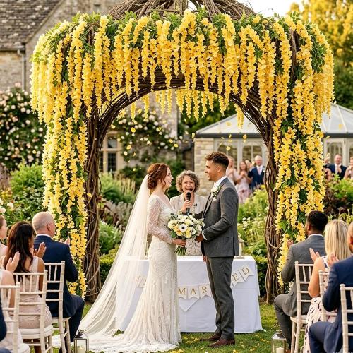 Artificial Wisteria Hanging Flowers Fake Wisteria Flower Garland Silk Vines Rattan Decor for Home Wedding Arch Wall Garden Greenery Bedroom Outdoor Office Party Decoration (12, Yellow)