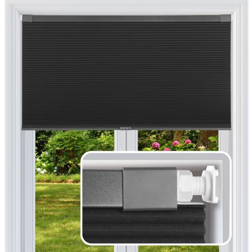 No Drill Cellular Shades Cordless Blackout Honeycomb Blinds 24Wx64H Black | No Tool No Drill Design for Super Easy Installation,Cordless Design for Kids & Pets Safety,Aluminum Top Rail & Bottom Rod