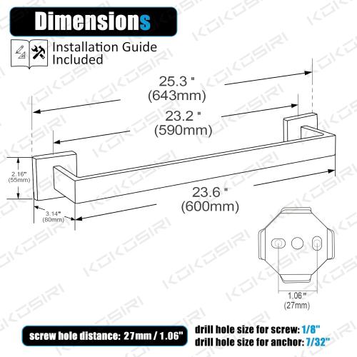 KOKOSIRI 24-Inch Single Towel Bar, Bathroom Kitchen Towel Holder, Wall Mounted SUS304 Stainless Steel Towel Rack, Matte Black, B4003BK-L24