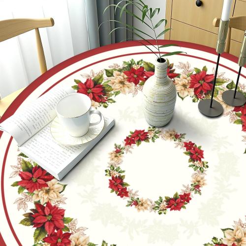 Christmas Round Fitted Tablecloth with Elastic for 40-44 Inch Tables Winter Floral Leaves Print Fitted Table Cover Waterproof Holiday Theme Farmhouse Indoor Outdoor Patio Picnic Party Decor