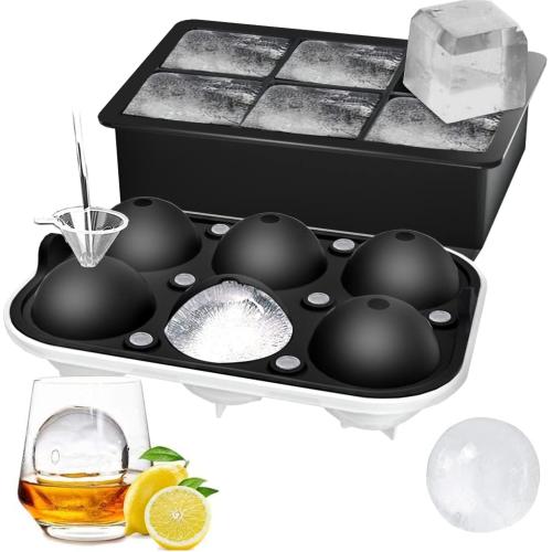 2 Pack Ice Cube Tray, 2 Sphere Ice Ball Mold with Lid & Large Square Maker