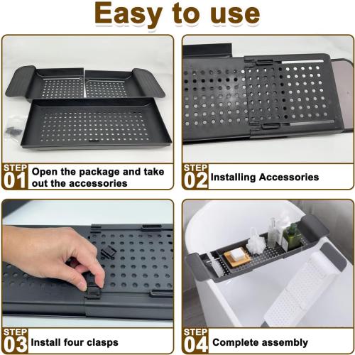 Expandable Drain Bath Shelf Caddy Tray, Multifunctional Plastic Bathtub Tray Bathroom Organizer Simple Stylish Bathtub Storage Rack for Candle Towel, Book, Wine, Phone, Shower (Grey - 1pcs)