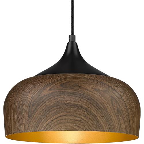 ELYONA Modern Bauhaus Pendant Light Walnut Wooden Pattern Dome Pendant Light Fixture Matte Black Metal Gold Inner Adjustable Hanging Lighting for Kitchen Island Dining Room Office Hallway Bedroom