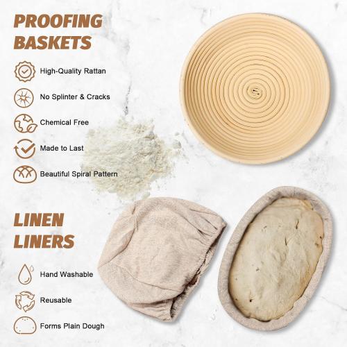 Sourdough Proofing Basket Gift Set, 9 Round and 10 Oval Banneton Bread Baking Supplies, Sourdough Baskets with Bread Lame, Danish Whish, Bowl Scraper, Sourdough Scraper, and Linen Liner