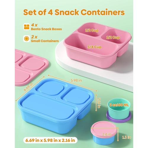 Canfanni 4 Pcs Bento Box Set, Reusable 3 Compartments Snack Boxes with 2 Leakproof Small Containers, Stackable Meal Prep Lunch Containers for School, Work, and Travel