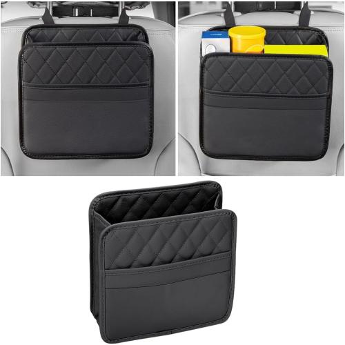 Mandark Car Seat Back Organizer, PU Leather Vehicle Backseat Hanging Storage Pocket, Multipurpose Auto Travel Essentials Accessories for Kids & Adults, Universal for Most Cars (Black)