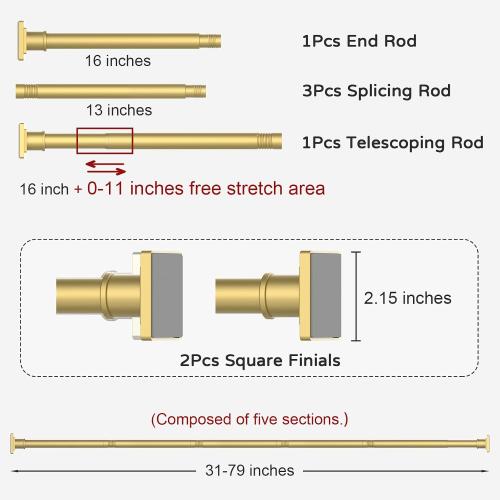 UIOSANRT Gold Shower Curtain Rod 31-79 Inches Non-Slip Shower Rod Tension Mounted No Drill Shower Curtain Rods Spring Tension Rod Adjustable Tension Curtain Rod for Windows Bathroom