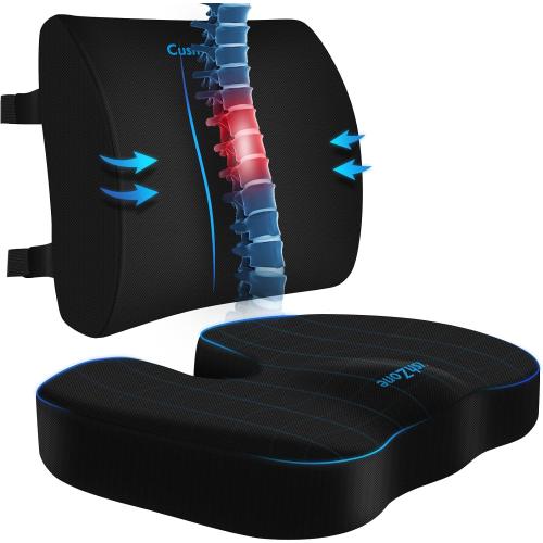 Seat Cushion, Lumbar Support Pillow with Adjustable Strap-Chair Cushions for Sciatica Pain Relief-with Washable Cover Memory Foam for Car, Travel and Wheelchair-Black