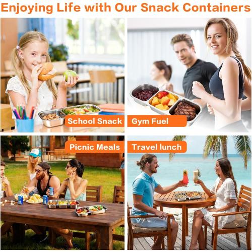 4 Pack Stainless Steel Snack Containers with Lids 3 Compartments
