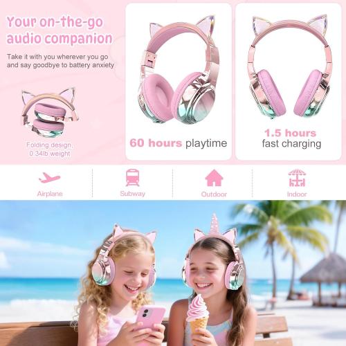 QearFun Kids Cat Ear Bluetooth Headphones, 60H, 74/85/94dB Volume Limit