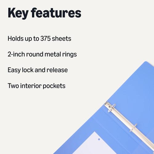 Amazon Basics 3 Ring Binder, 2 inch Round Rings, Holds 375 Sheets, Two Interior Pockets, Assorted Colors, 4-Pack