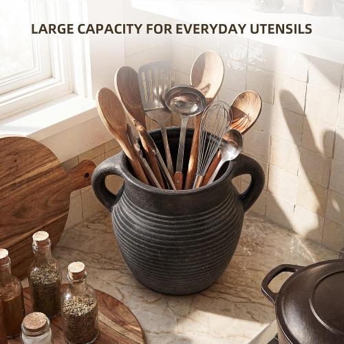 Rustic Utensil Holder for Kitchen Counter - Ceramic Farmhouse Cooking Utensil Crock & Organizer for Spatula, Spoon-Vintage Kitchen Decor (Charcoal)