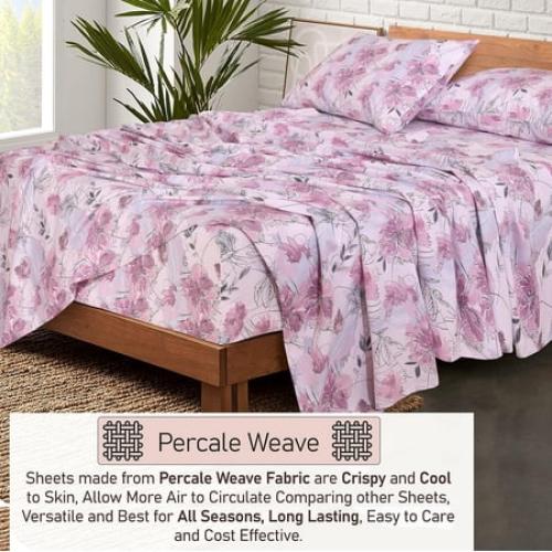 RUVANTI 100% Cotton Sheets – Queen Size Percale Bedding, Cooling & Breathable Floral Design, Durable with a Crisp, Soft & Comfortable Feel, 16 Deep Pocket, 4-Piece Set, Lilac Floral