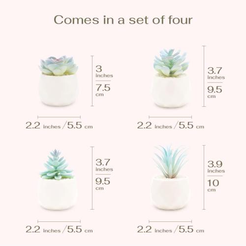 VIVERIE Mini Blue Artificial Succulent in Pots (White Ceramic, 4 Pot Set) Fake Plants for Indoors, Office Decor Blue Gift for Women, Office Home Decor Gifts-Faux Plant