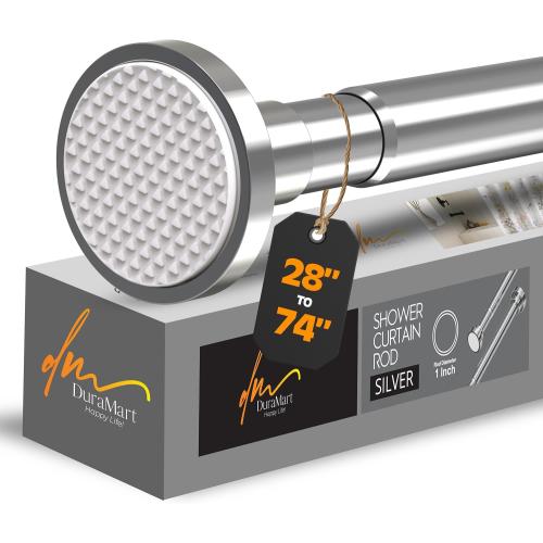 Silver Shower Curtain Rod Spring Tension, Stainless Steel Tension Curtain Rods No Drilling Required, Rust Free Shower Rods for Bathroom, Non-Slip Shower Tension Rod, Adjustable Curtain Rod (28” - 74”)
