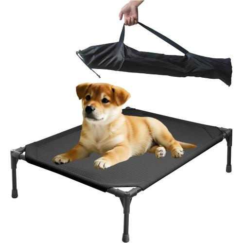 Soft Mesh Elevated Pet Bed for Large Medium Dogs Outdoor Resting Cot with Water-Resistant, Air-Permeable, Cooling and Anti-Skid Portable Dog Bed, Up to 60 lbs, 23.3“L x 17.6 W x 6.9 H, Black