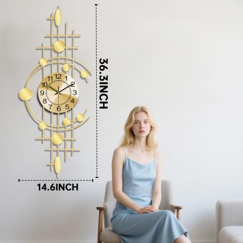 Wall Clock for Living Room, Silent Quality Quartz Battery Operated, Golden Metal Decorative Large Wall Clock for Kitchen,Home,Bathroom,Bedroom Home Decor,14.6x36.3inch