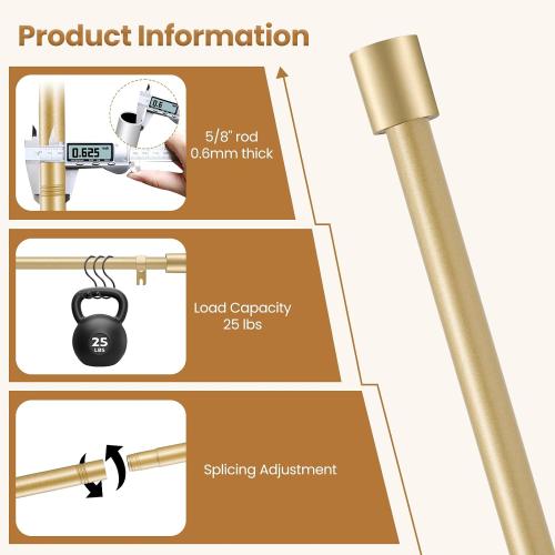 Gold Curtain Rods for Windows 28-48 Inch,Adjustable 5/8 In Curtain Rod Gold