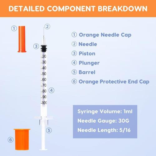120 PACK U-100 Syringes, 30G 5/16 (8mm) 1ml/cc Disposable Syringe, Individual Wrapped, Lab Supplies