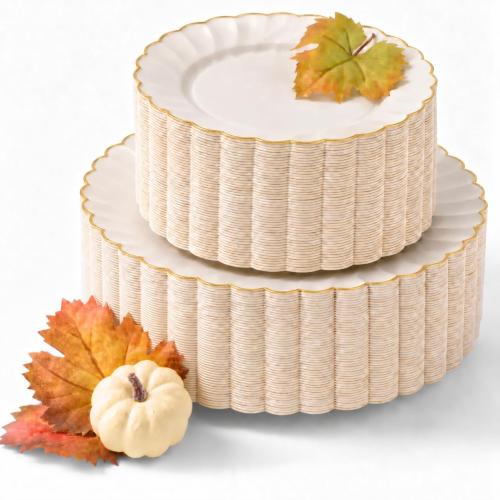 By Madee HEAVYWEIGHT Ivory Gold Scalloped Plastic Plates for Wedding 100 Pc