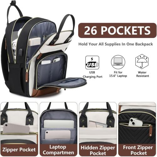 Laptop Backpack for Women Bag - 15.6 inch Work Travel Backpack with USB Charger College Bookbag Waterproof Business Computer Backpack Anti-theft Casual Backpacks for Nurse Teacher Beige Black Brown