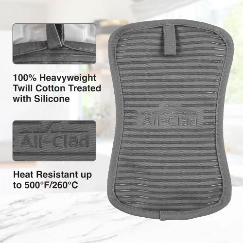 Set of 2 Color Grey All-Clad Premium Pot Holder & Heating Pad, (2-Pack) Heat Resistant to 500 Degrees, 100% Cotton 10x6.25 for Kitchen and Barbeque, Pewter