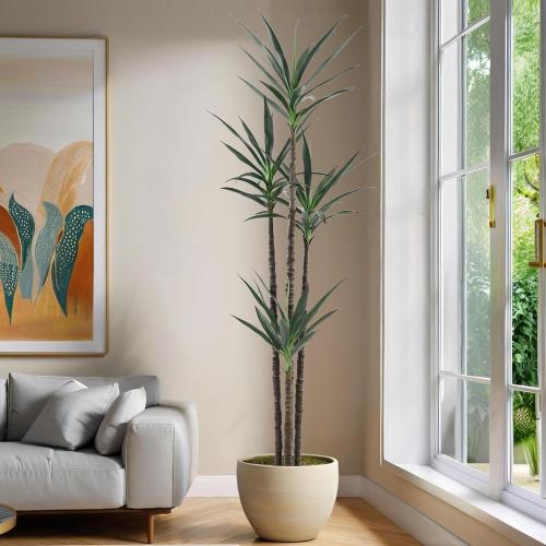 Artificial Tree 7ft Faux Agave Plant with 60 Leaves and 4 Realistic Trunks,Fake Floor Potted Artificial Tall Plants for Home Office Garden Decor Indoor (7Feet,1Pack)