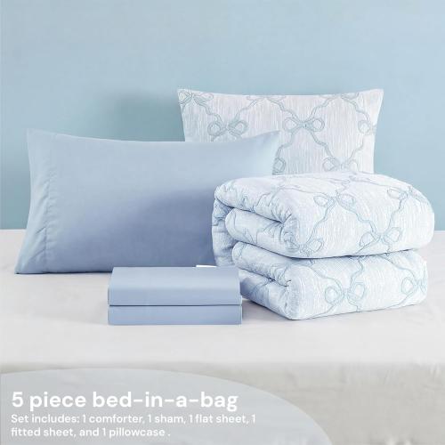 Twin XL Comforter Set for Girls - 5 Pieces Blue Bow Bed in a Bag