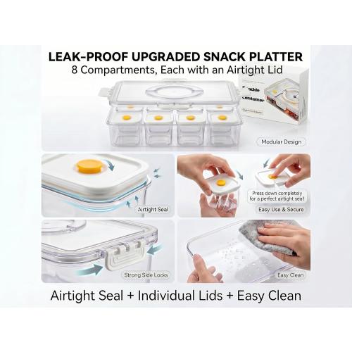 Snackle Serving Tray with Lid – Leak-Proof Upgraded Snack Platter for Dips, Sauces, Fruits & Veggies – Airtight Covered Food Tray for BBQ, Picnics, Road Trips & Outdoor Entertaining